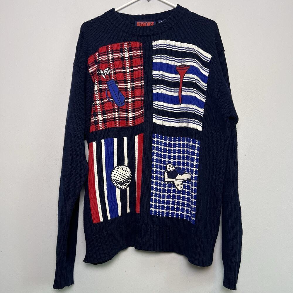 Vintage Pivot Rules Mens Golf Cable Knit Sweater Navy Blue Sz M Chunky Cotton